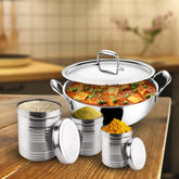 Kuber Industries Stainless Steel Kadhai with lid & Set of 3 Stainless Steel Kitchen Containers Set I Tri-ply Kadai Induction Base I Kadai 1.6 litres & 3 Assorted Storage Canisters